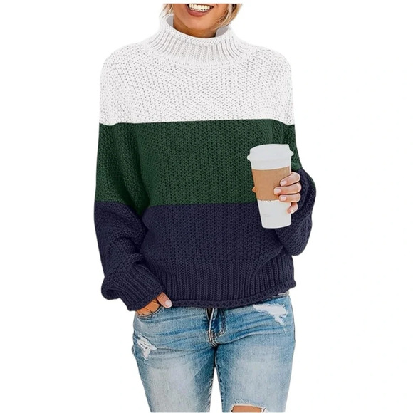 NWT Women’s 3 Tone Oversized Chunky Sweater Loose Fitting Casual Knit Pullover - Picture 5 of 6